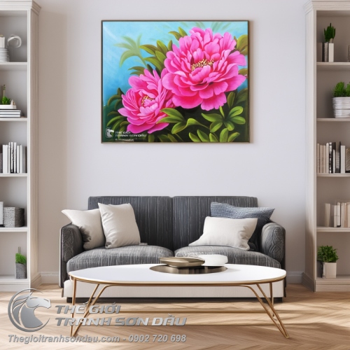 Tranh Sơn Dầu 2 Bông Hoa Mẫu Đơn Hồng