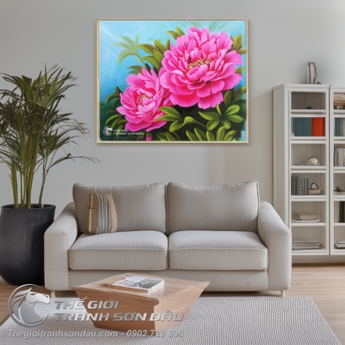 Tranh Sơn Dầu 2 Bông Hoa Mẫu Đơn Hồng