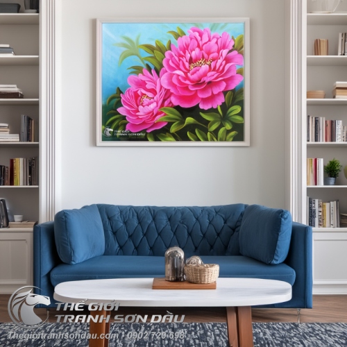 Tranh Sơn Dầu 2 Bông Hoa Mẫu Đơn Hồng