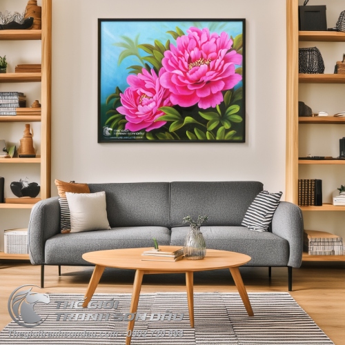 Tranh Sơn Dầu 2 Bông Hoa Mẫu Đơn Hồng