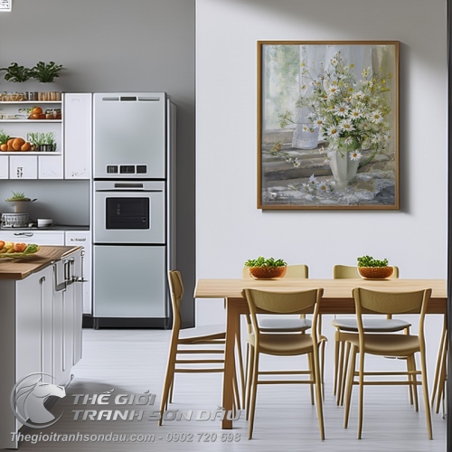 Tranh Sơn Dầu Bình Hoa Cúc Trắng Đẹp Tao Nhã