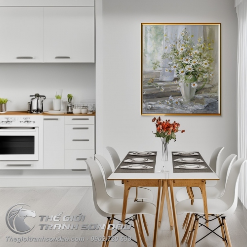 Tranh Sơn Dầu Bình Hoa Cúc Trắng Đẹp Tao Nhã