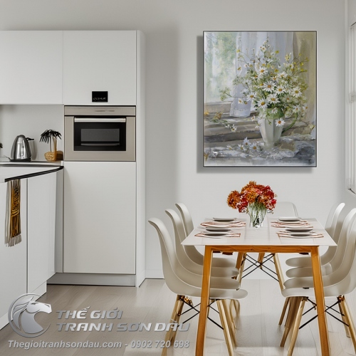 Tranh Sơn Dầu Bình Hoa Cúc Trắng Đẹp Tao Nhã