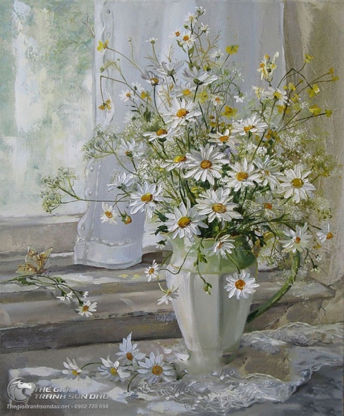 Tranh Sơn Dầu Bình Hoa Cúc Trắng Đẹp Tao Nhã