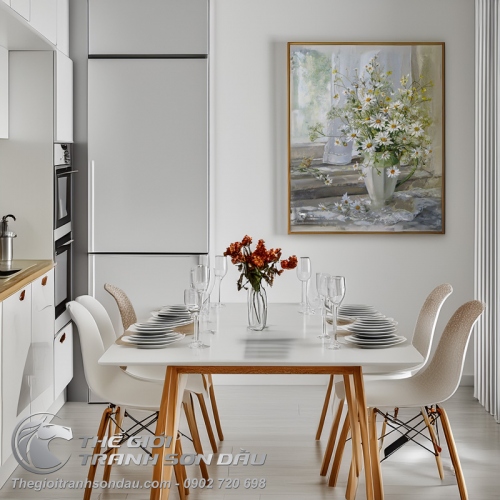 Tranh Sơn Dầu Bình Hoa Cúc Trắng Đẹp Tao Nhã