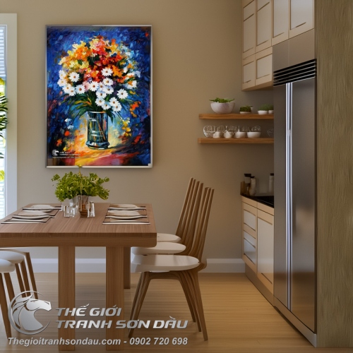 Tranh Sơn Dầu Bình Hoa Cúc Vẽ Bay Ấn Tượng