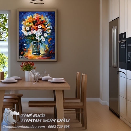 Tranh Sơn Dầu Bình Hoa Cúc Vẽ Bay Ấn Tượng