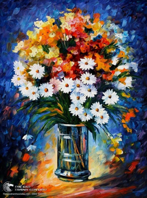 Tranh Sơn Dầu Bình Hoa Cúc Vẽ Bay Ấn Tượng