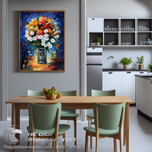 Tranh Sơn Dầu Bình Hoa Cúc Vẽ Bay Ấn Tượng
