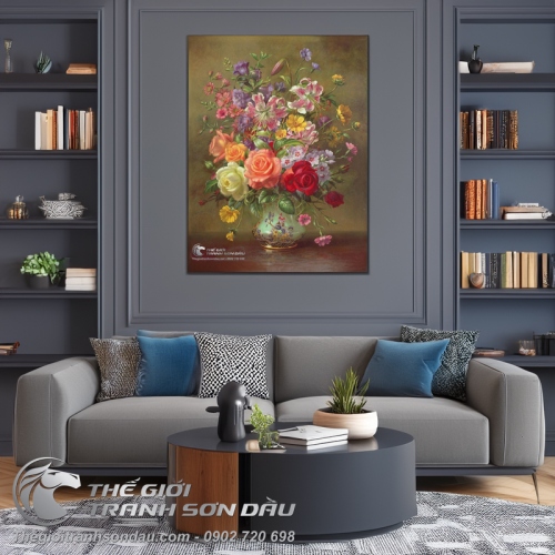 Tranh Sơn Dầu Bình Hoa Hồng Trang Trí Nhà Bếp