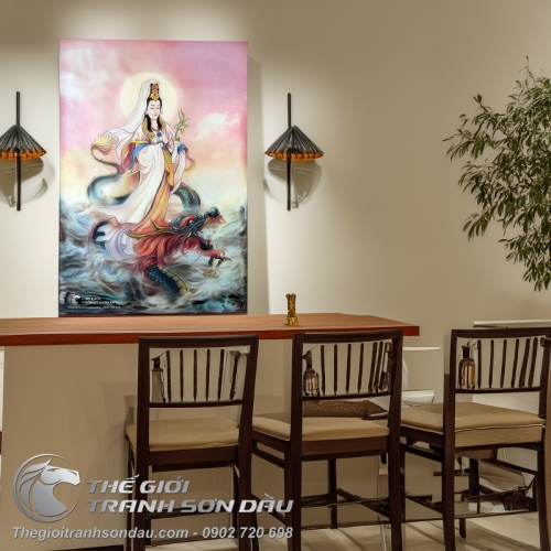 Tranh Sơn Dầu Bồ Tát Cưỡi Rồng Trên Mây Đẹp