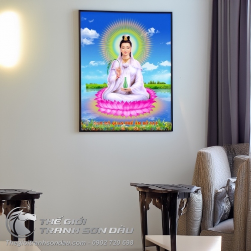 Tranh Sơn Dầu Bồ Tát Ngồi Đài Sen Cầm Nhánh Liễu