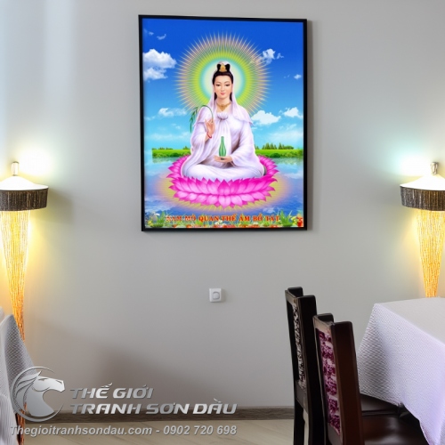 Tranh Sơn Dầu Bồ Tát Ngồi Đài Sen Cầm Nhánh Liễu