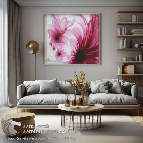 Tranh Sơn Dầu Bông Hoa Hiện Đại Màu Hồng