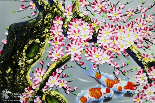 Tranh Sơn Dầu Cá Chép Hoa Đào Vẽ Tay Thủ Công 100%