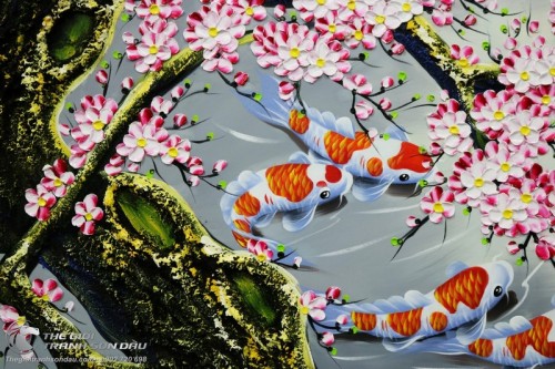 Tranh Sơn Dầu Cá Chép Hoa Đào Vẽ Tay Thủ Công 100%