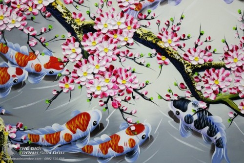 Tranh Sơn Dầu Cá Chép Hoa Đào Vẽ Tay Thủ Công 100%