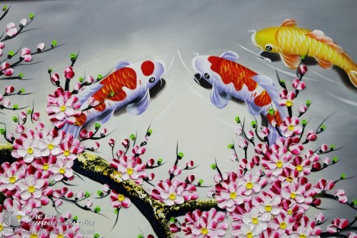 Tranh Sơn Dầu Cá Chép Hoa Đào Vẽ Tay Thủ Công 100%