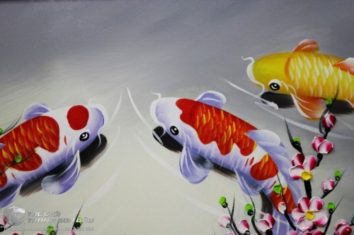 Tranh Sơn Dầu Cá Chép Hoa Đào Vẽ Tay Thủ Công 100%