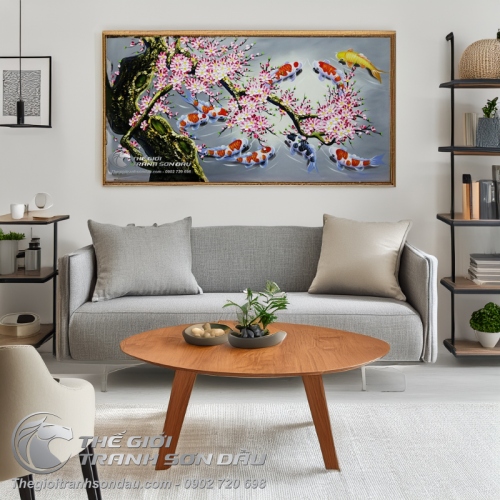 Tranh Sơn Dầu Cá Chép Hoa Đào Vẽ Tay Thủ Công 100%