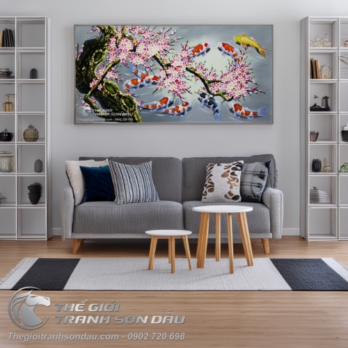 Tranh Sơn Dầu Cá Chép Hoa Đào Vẽ Tay Thủ Công 100%
