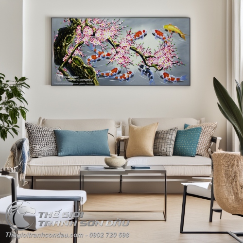 Tranh Sơn Dầu Cá Chép Hoa Đào Vẽ Tay Thủ Công 100%