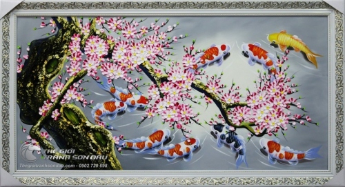 Tranh Sơn Dầu Cá Chép Hoa Đào Vẽ Tay Thủ Công 100%