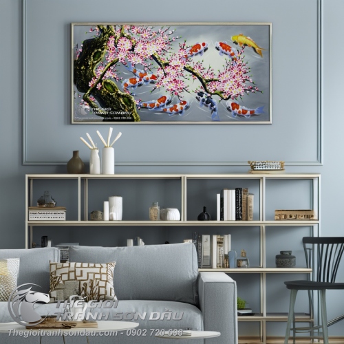 Tranh Sơn Dầu Cá Chép Hoa Đào Vẽ Tay Thủ Công 100%