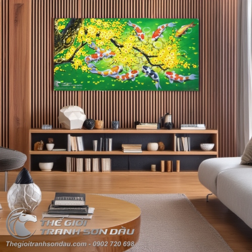 Tranh Sơn Dầu Cá Chép Hoa Mai Hợp Mệnh Mộc