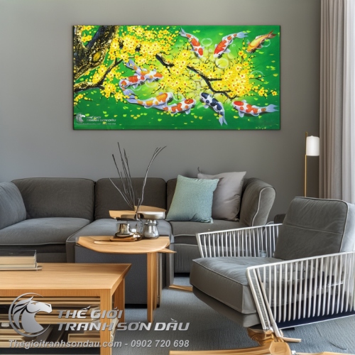 Tranh Sơn Dầu Cá Chép Hoa Mai Hợp Mệnh Mộc