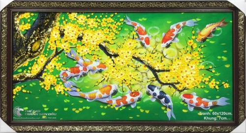 Tranh Sơn Dầu Cá Chép Hoa Mai Hợp Mệnh Mộc