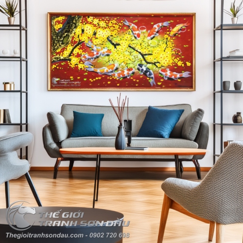 Tranh Sơn Dầu Cá Chép Hoa Mai Nền Màu Đỏ