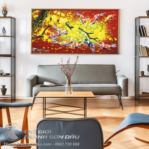 Tranh Sơn Dầu Cá Chép Hoa Mai Nền Màu Đỏ