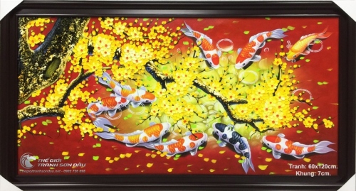 Tranh Sơn Dầu Cá Chép Hoa Mai Nền Màu Đỏ