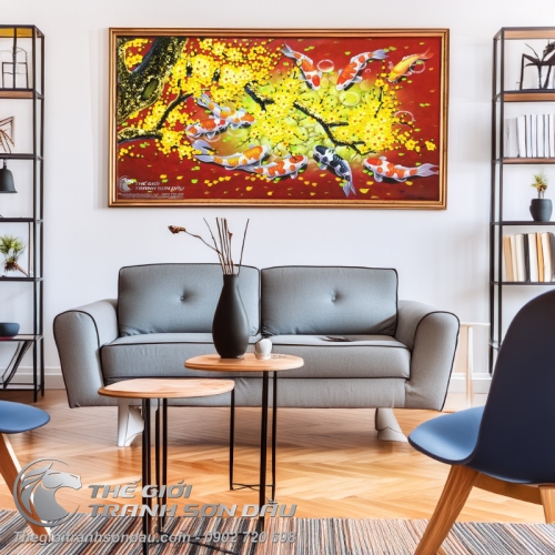 Tranh Sơn Dầu Cá Chép Hoa Mai Nền Màu Đỏ