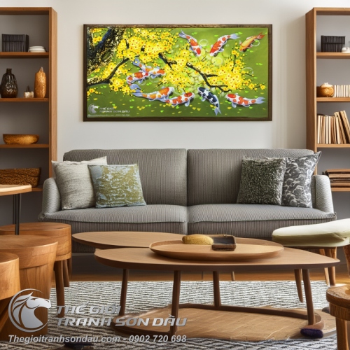 Tranh Sơn Dầu Cá Chép Hoa Mai Nền Xanh Lá