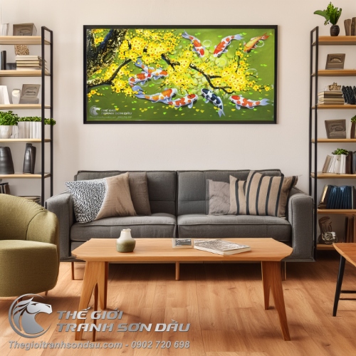 Tranh Sơn Dầu Cá Chép Hoa Mai Nền Xanh Lá