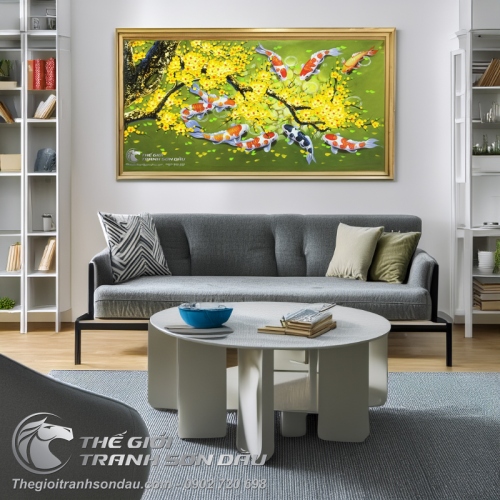 Tranh Sơn Dầu Cá Chép Hoa Mai Nền Xanh Lá