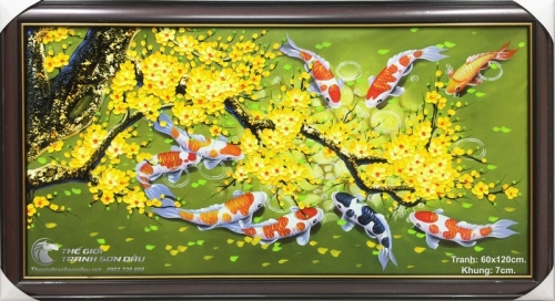 Tranh Sơn Dầu Cá Chép Hoa Mai Nền Xanh Lá