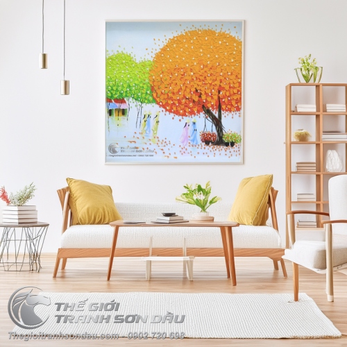 Tranh Sơn Dầu Cây Màu Cam Phong Cảnh Việt Nam