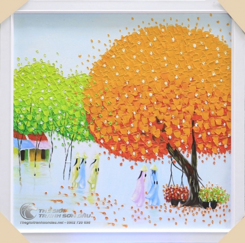Tranh Sơn Dầu Cây Màu Cam Phong Cảnh Việt Nam