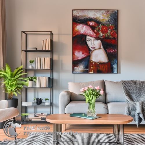 Tranh Sơn Dầu Cô Gái Nón Đỏ Vẽ Dày Nghệ Thuật