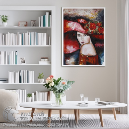 Tranh Sơn Dầu Cô Gái Nón Đỏ Vẽ Dày Nghệ Thuật