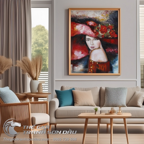 Tranh Sơn Dầu Cô Gái Nón Đỏ Vẽ Dày Nghệ Thuật