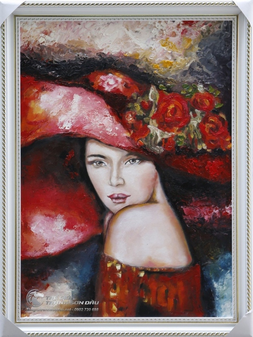 Tranh Sơn Dầu Cô Gái Nón Đỏ Vẽ Dày Nghệ Thuật