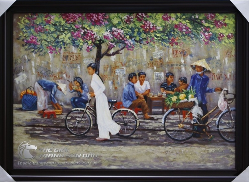 Tranh Sơn Dầu Cô Gái Việt Nam Đi Xe Đạp