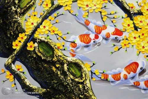 Tranh Sơn Dầu Cửu Ngư và Hoa Mai Trát Bay Vẽ Tay 100%