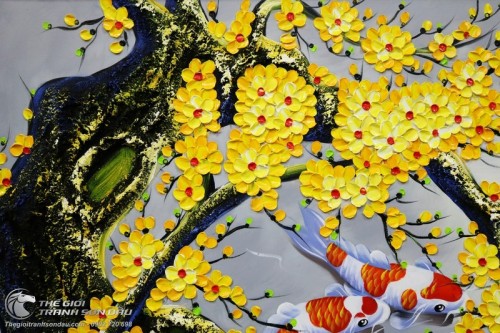 Tranh Sơn Dầu Cửu Ngư và Hoa Mai Trát Bay Vẽ Tay 100%