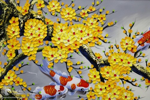 Tranh Sơn Dầu Cửu Ngư và Hoa Mai Trát Bay Vẽ Tay 100%