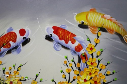 Tranh Sơn Dầu Cửu Ngư và Hoa Mai Trát Bay Vẽ Tay 100%